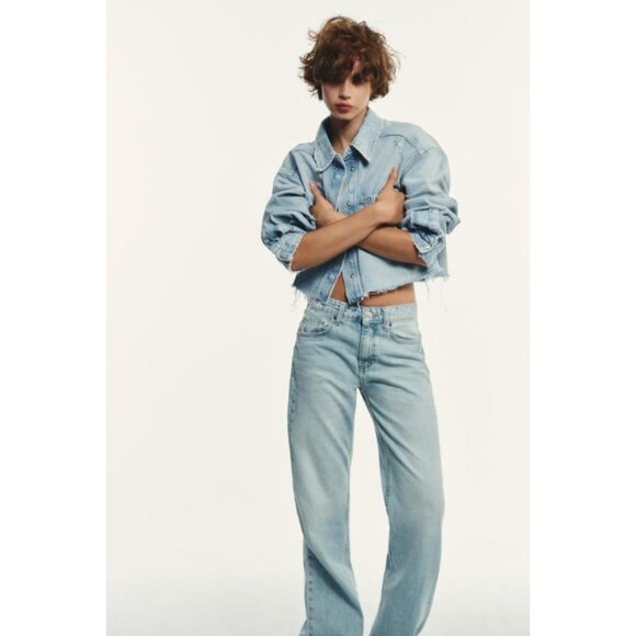 ZARA TRF RIPPED CROP DENIM OVERSHIRT - Picture 1 of 8